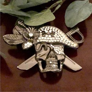 📌 VTG Pirate Skull Swords Hat Patch Eye Bling Crystal Unisex Belt Buckle